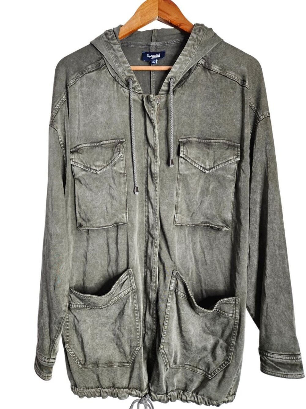 Splendid Sateen Anorak Grunge Green Hooded Zip  Jacket Utility Pockets  Women L